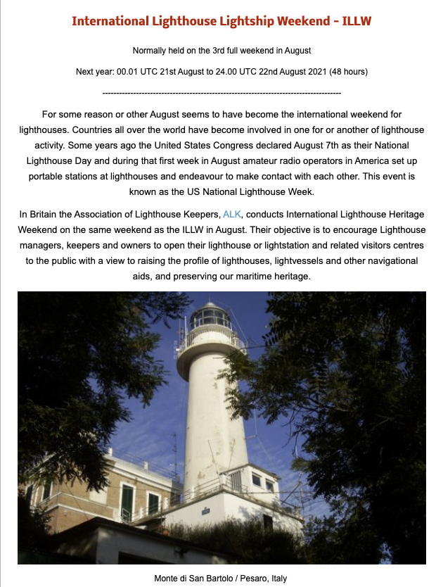 International Lighthouse Lightship Weekend – ILLW 2021