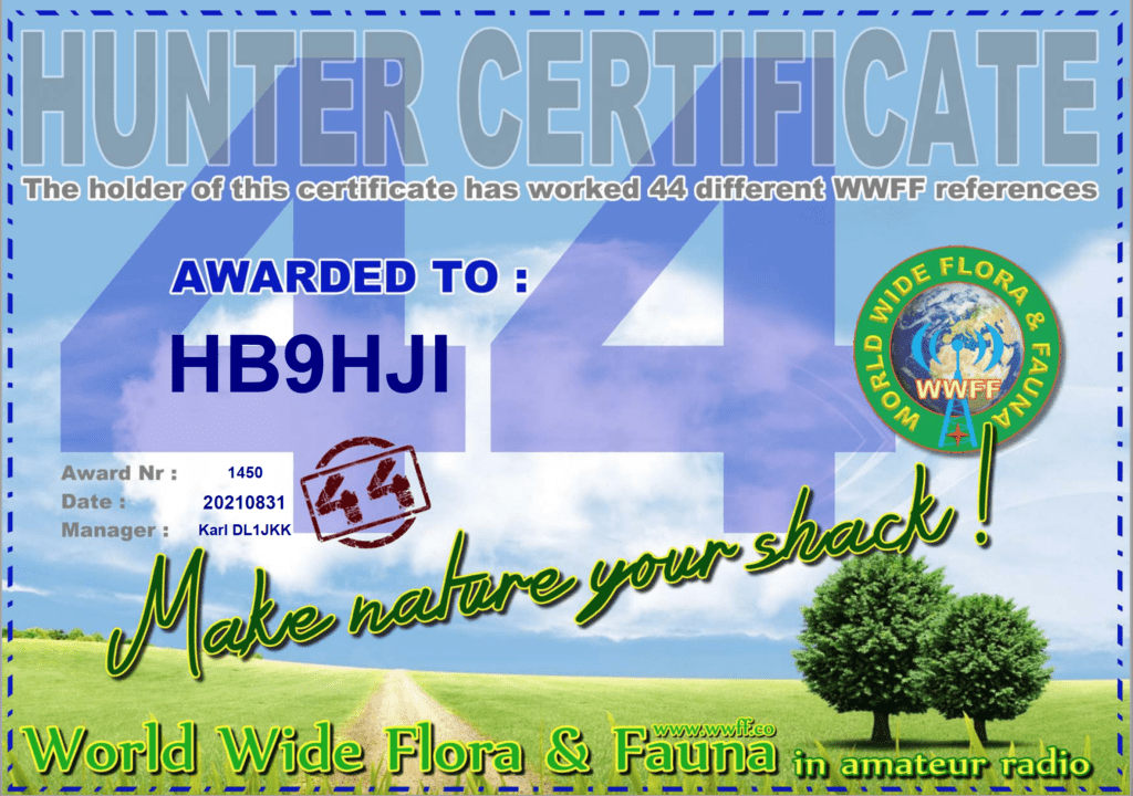 World Wide Flora & Fauna Hunter Certificate HB9HJI 44
