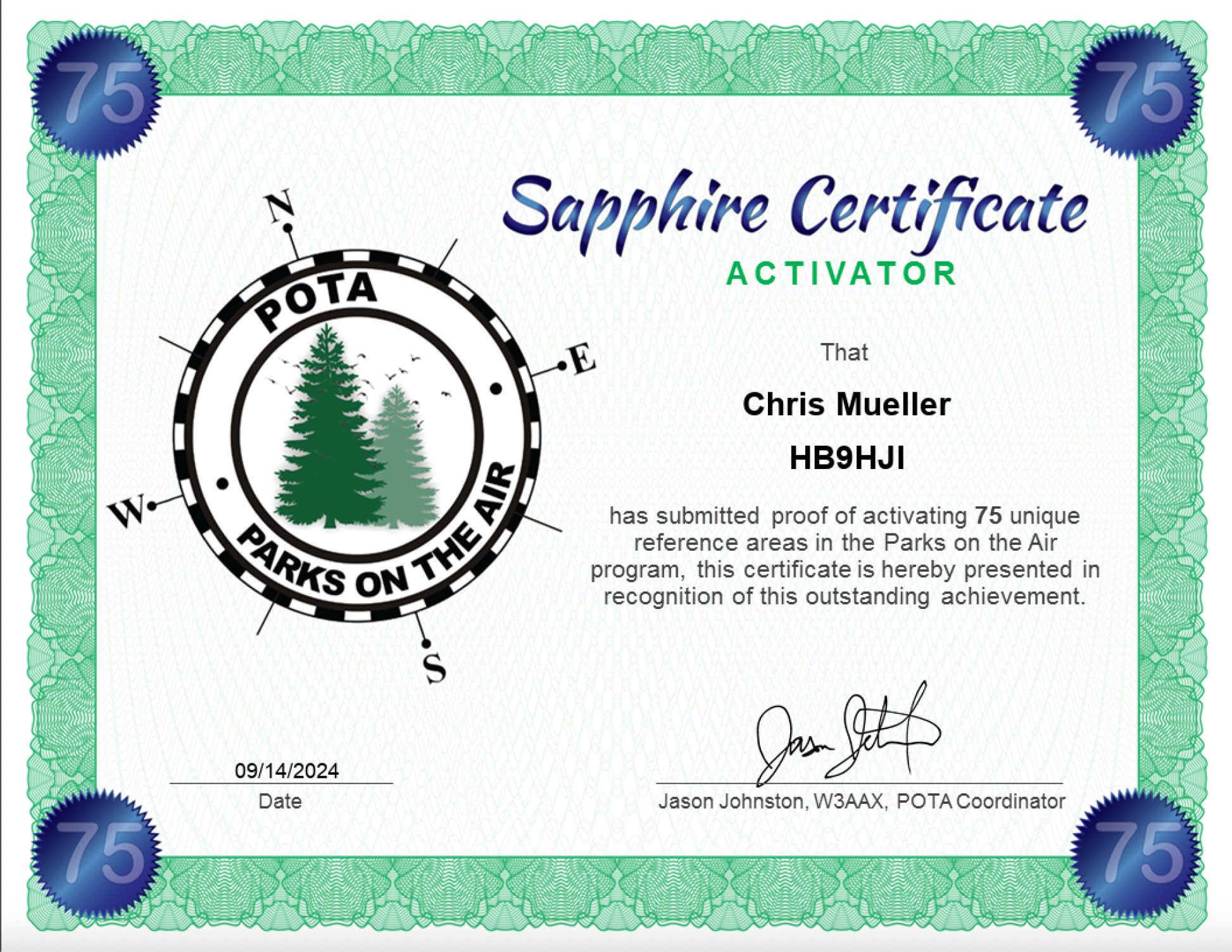 Stolze Auszeichnung: Sapphire Certificate für 75 POTA-Aktivierungen!