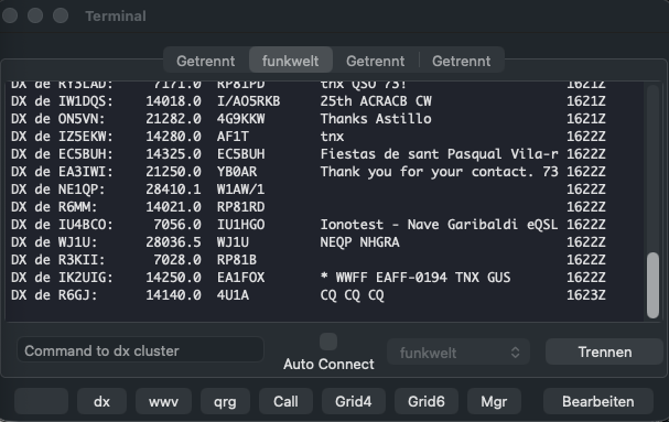 DX-Cluster HB9HJI-2 Screenshot im DXSpider Terminal mit aktuellen DX-Spots