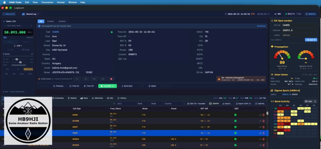 Screenshot der Logbuch-Software HAM-Tools mit Cluster, Logbook und Band-Aktivität