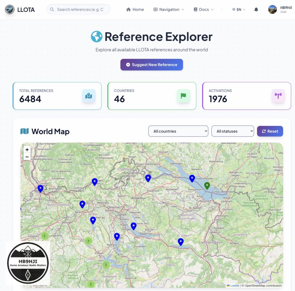 LLOTA Reference Explorer in HAM-Tools: Weltkarte mit Seen und Lagunen sowie Statistik mit 6484 Referenzen, 46 Ländern und 1976 Aktivierungen