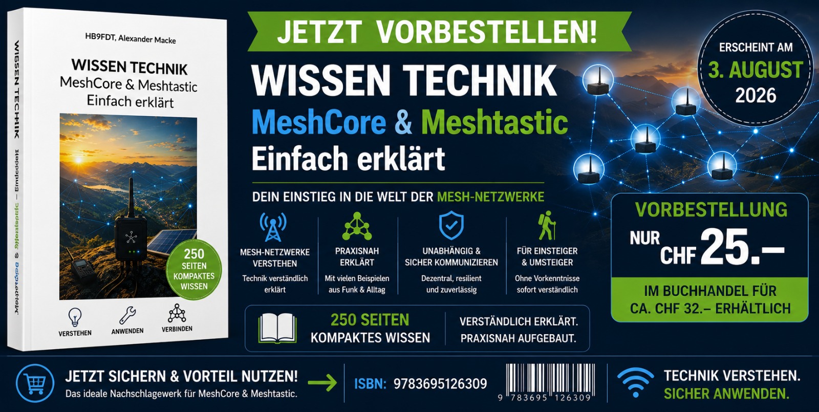 Werbebanner zum Buch Wissen Technik – MeshCore & Meshtastic von Alexander Macke HB9FDT