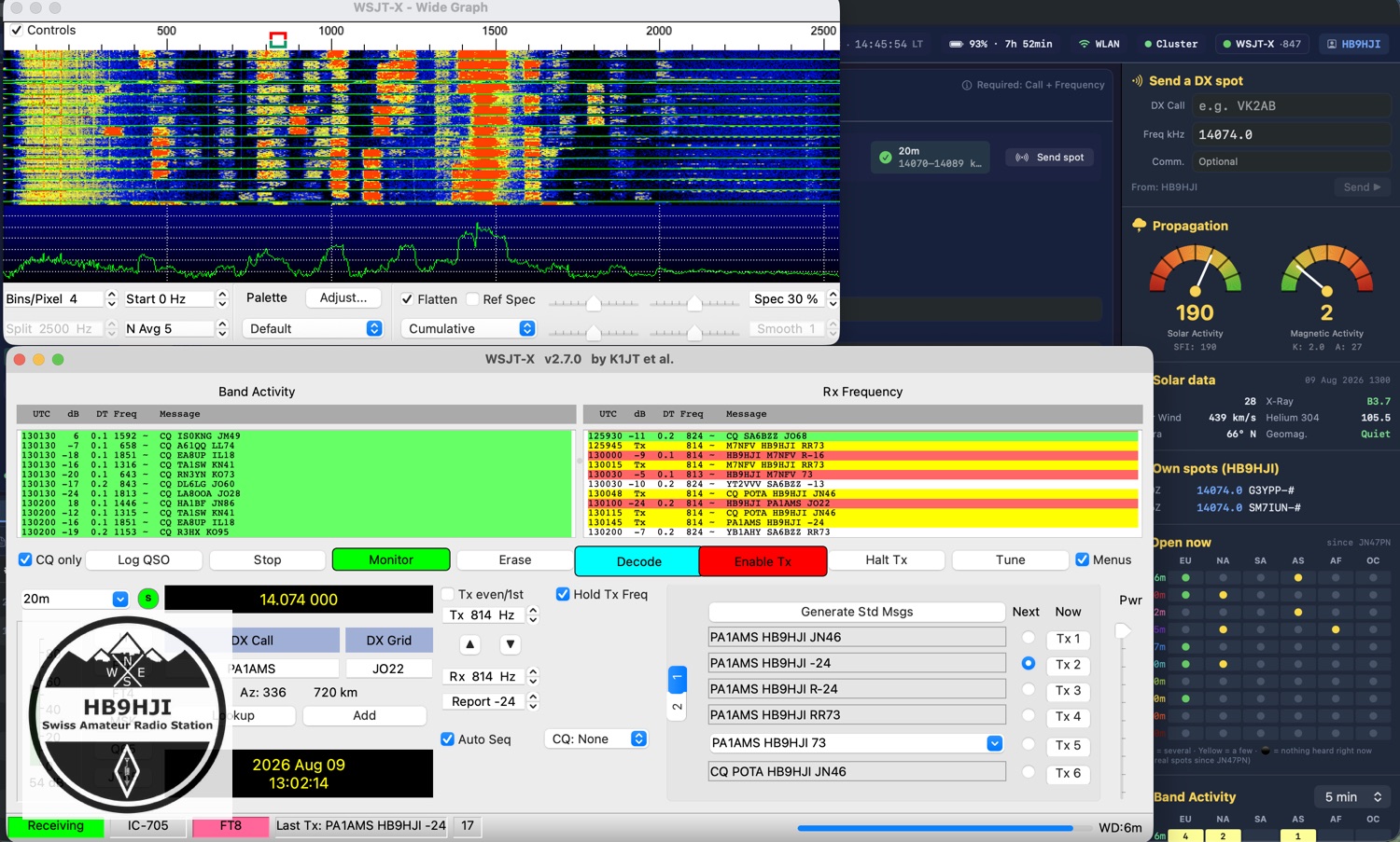 WSJT-X mit FT8 auf 14.074 MHz und das Ham-Tools-Panel während der POTA-Aktivierung