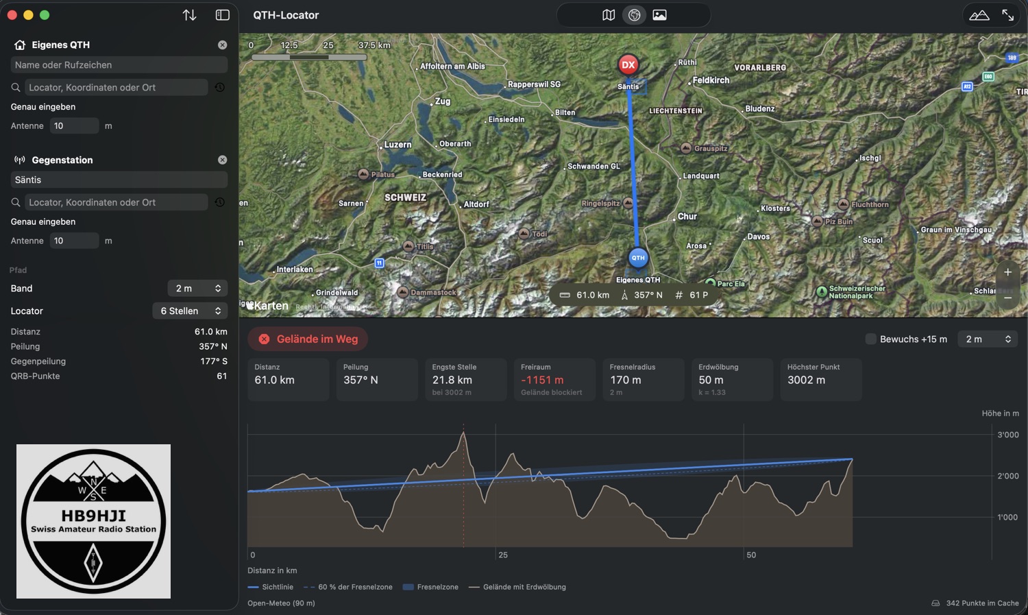 QTH-Locator: Höhenprofil zum Säntis mit Gelände im Weg