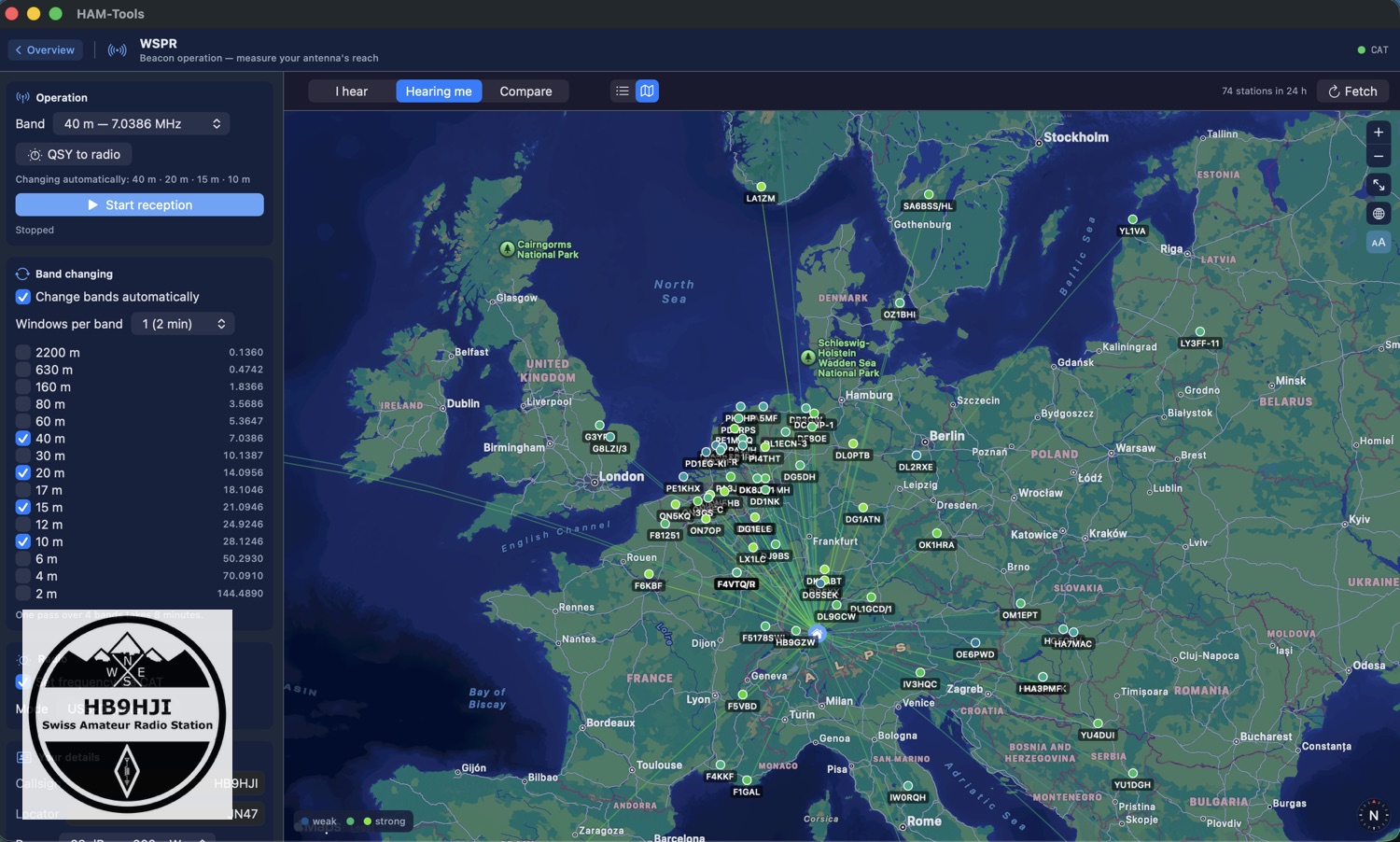 Kartenansicht des WSPR-Moduls: 74 Stationen in 24 Stunden hoeren HB9HJI, Grosskreise ueber halb Europa