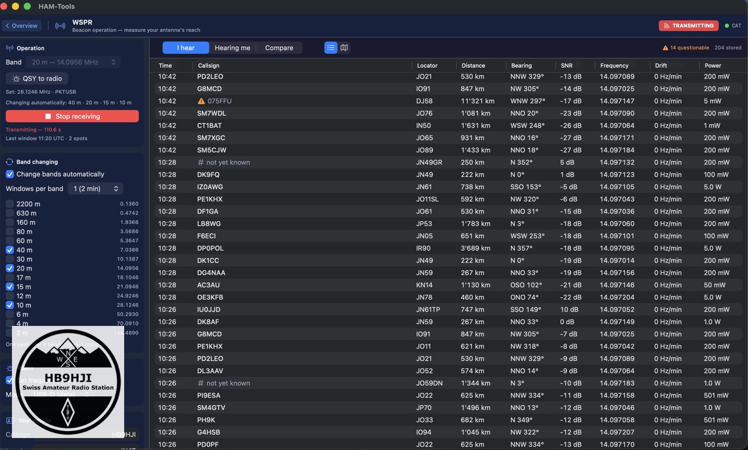 WSPR-Spot-Liste in HAM-Tools mit 204 gespeicherten Meldungen, einer markierten Falschdekodierung und zwei noch namenlosen Hash-Stationen