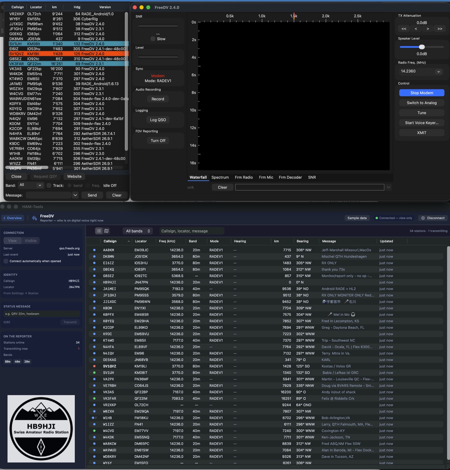 FreeDV GUI 2.4.0 und das FreeDV-Modul in HAM-Tools mit 34 Online-Stationen