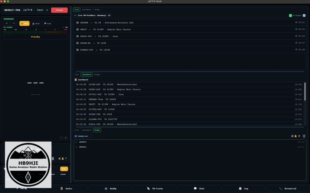 JaYTrX-Desk auf dem Mac: oben die Live-Anzeige, darunter LastHeard und die Buddy-Liste