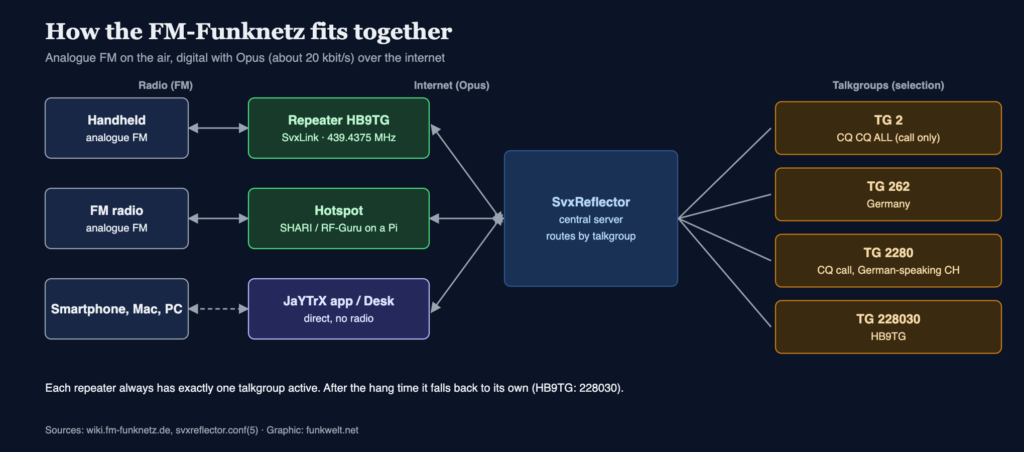 How the FM-Funknetz fits together: radio, repeater or hotspot, reflector, talkgroups