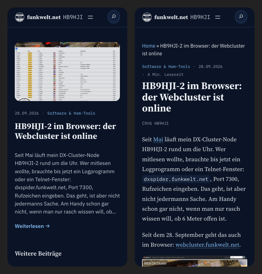Startseite und Beitrag auf dem Handy